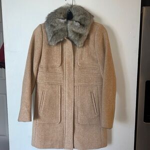 LOFT Women’s Camel Wool Blend Faux Fur Collar Long Pea Coat Size XSP NEW